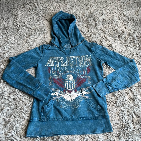 Affliction Tops - Affliction Hoodie Womens Small Embellishment Spellout Eagle Detach Hood Blue